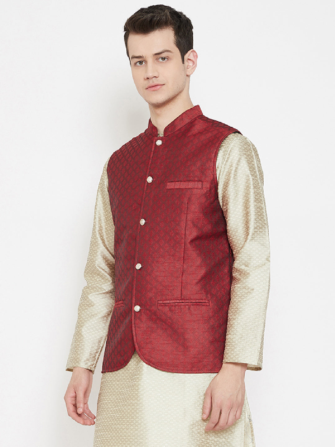 Men's Jacquard Red Silk Nehru Jacket