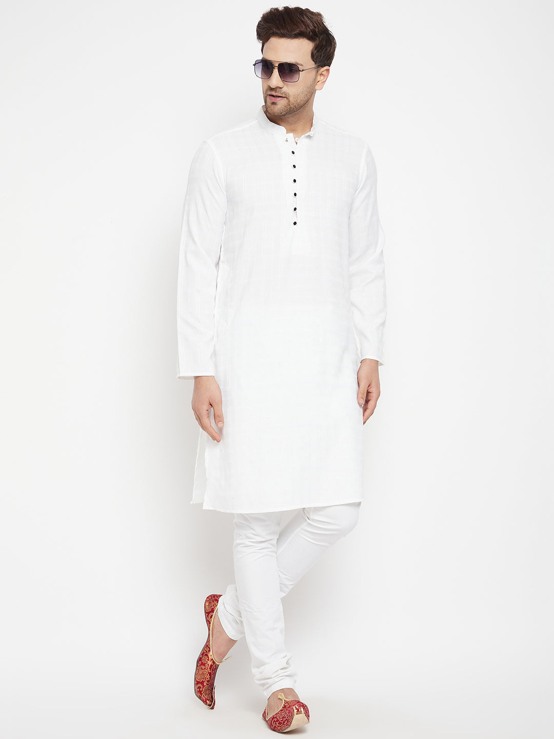 Men's White Color Long Kurta with Band Collar