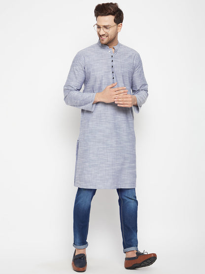 Men's Grey Color Long Kurta with Band Collar