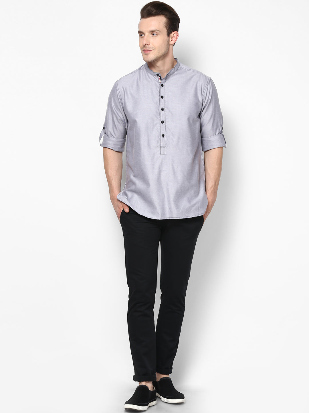 Men's Grey Pure Cotton Shirt Kurta