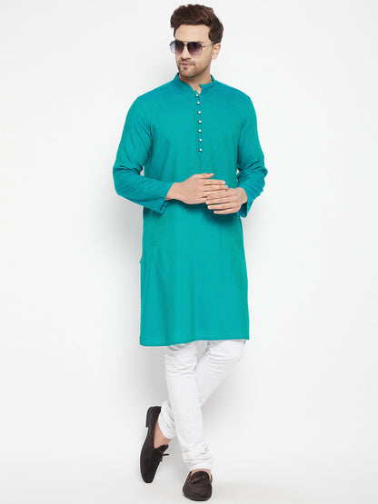 Men's Green Color Long Kurta with Band Collar