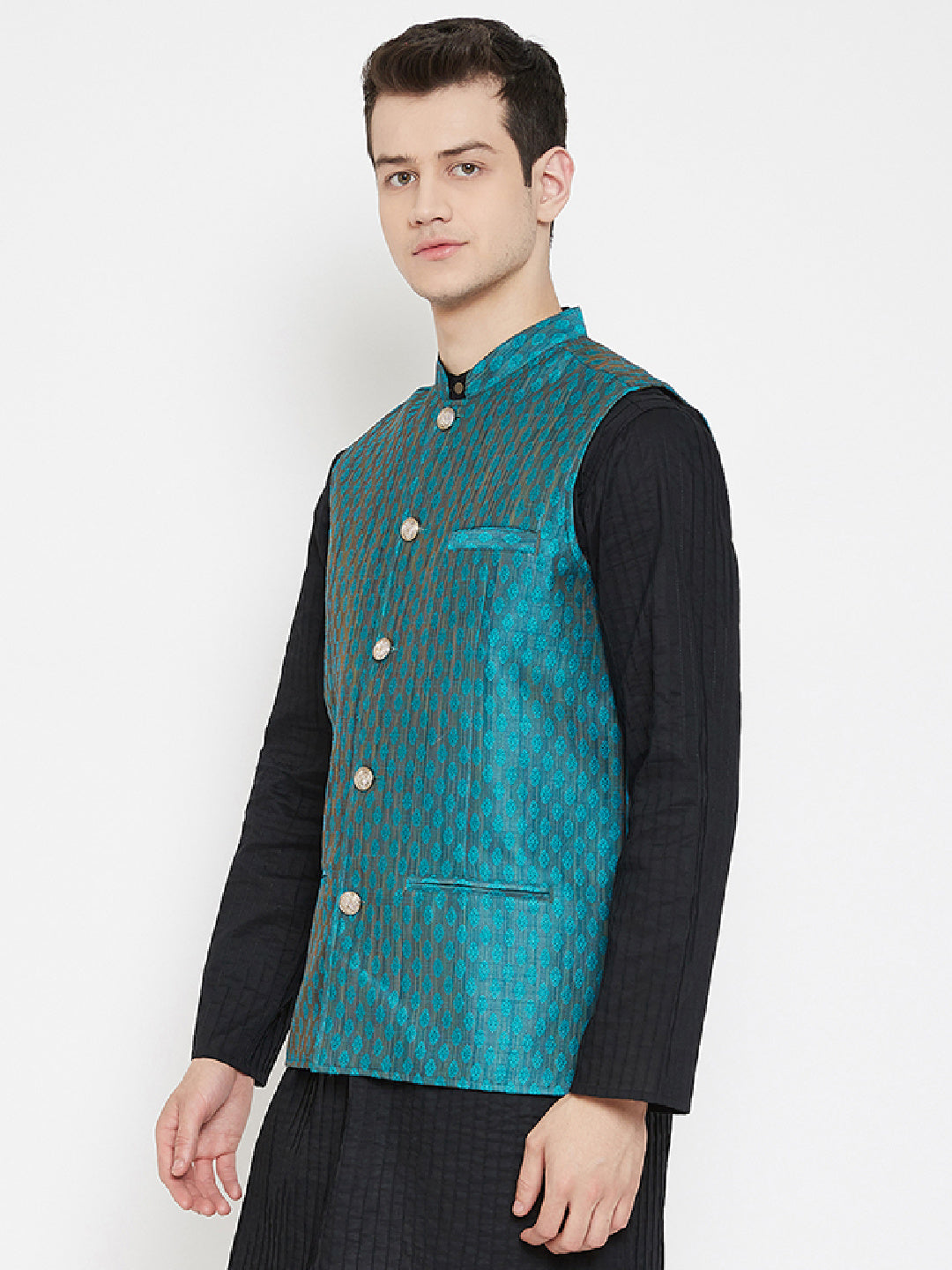 Men's Jacquard Blue Silk Nehru Jacket