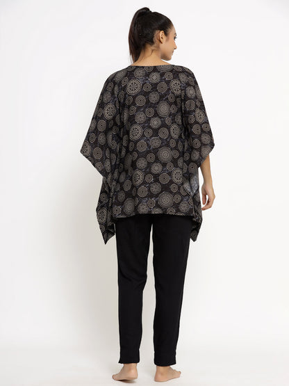 Women's Self Desgin Rayon Fabric Kaftan & Pant Black Color