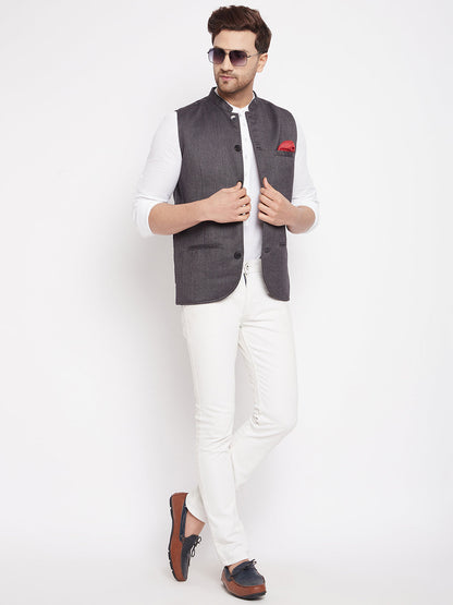 Men's Grey Color Woven Nehru Jacket