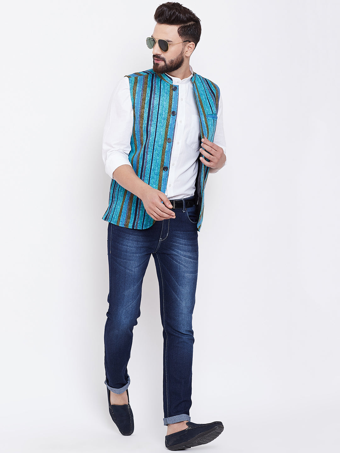 Men's Blue Striped Nehru Jacket