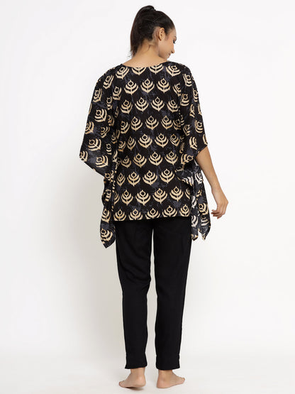 Women's Self Desgin Rayon Fabric Kaftan & Pant Black Color