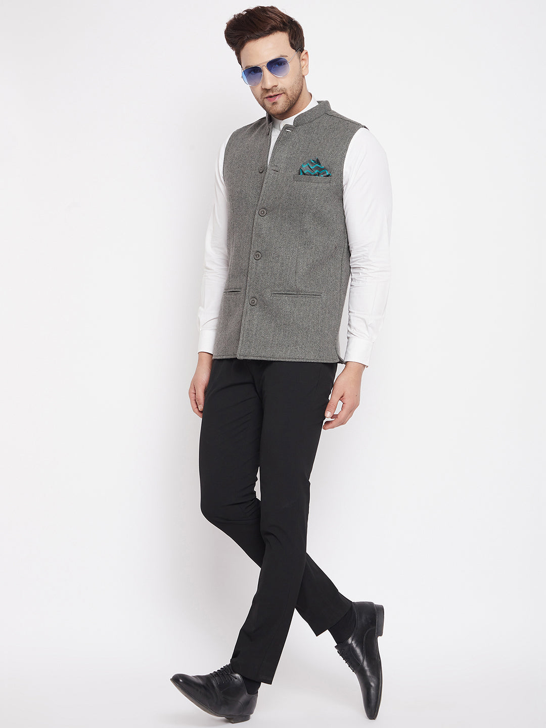 Men's Grey Color Woven Nehru Jacket