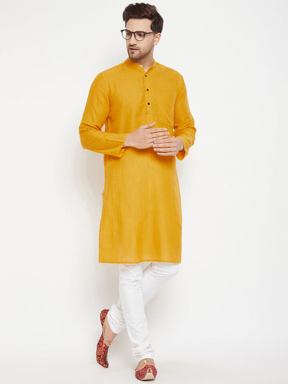 Men's Yellow Color Long Kurta with Band Collar