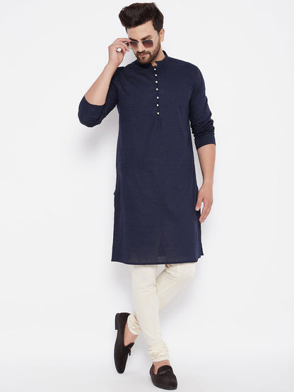 Men's Woven Design Navy Straight  Kurta