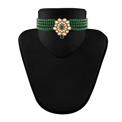 Women's Gold Plated Green Kundan with Beads Choker Necklace Set