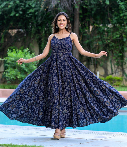 Women's Navy Blue Bandhani Flared Dress