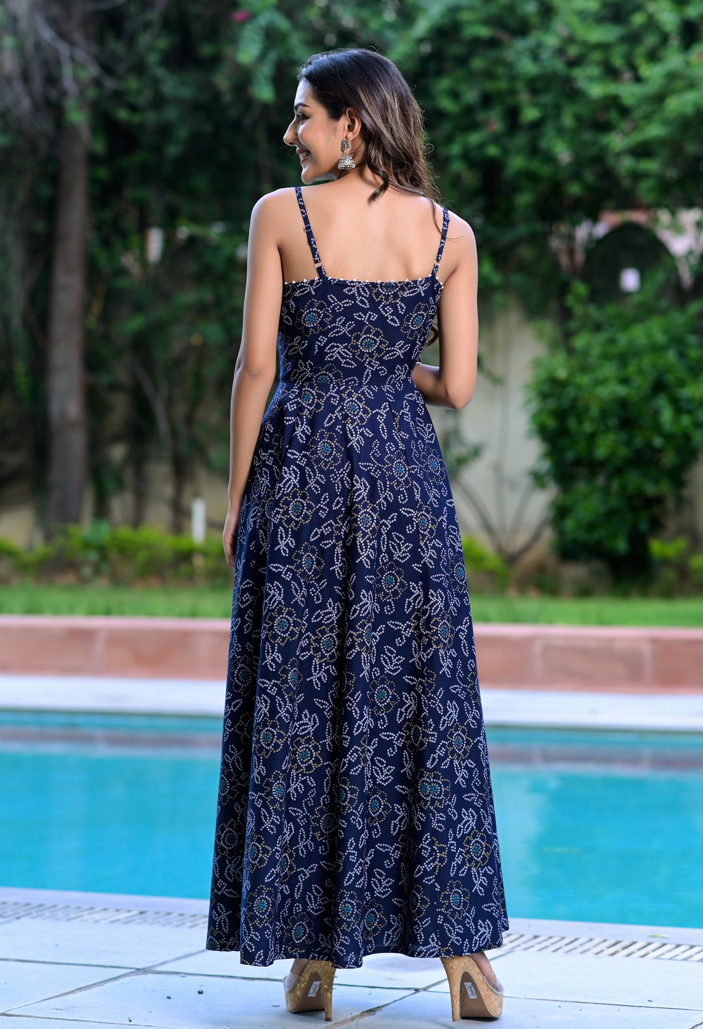 Women's Navy Blue Bandhani Flared Dress