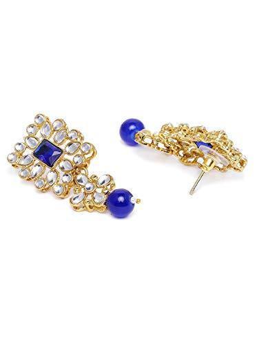 Women's Gold Plated Blue Beaded Choker Set Studded with Pearl & Kundan with Earrings & Maang Tikka