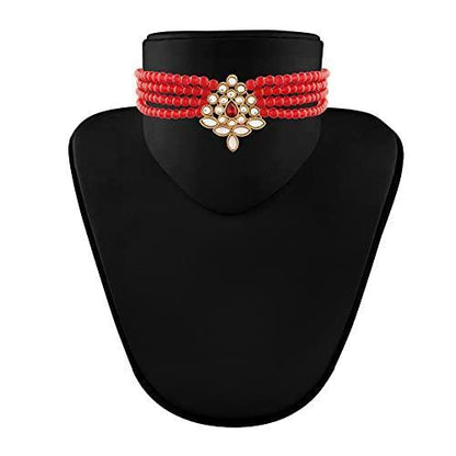 Women's Gold Plated Maroon Kundan with Beads Choker Necklace Set