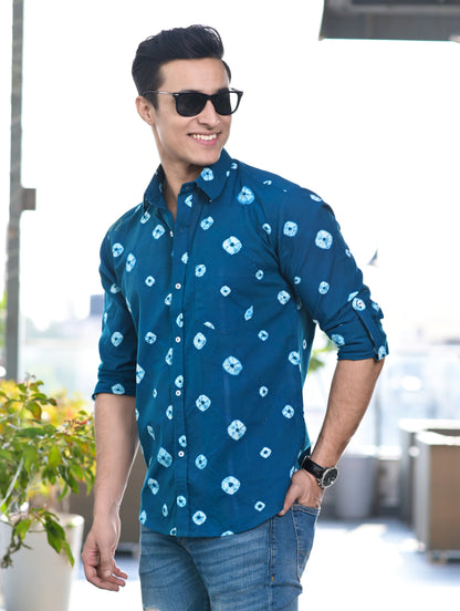 Men's Dark Blue Bandhani Cotton Shirt