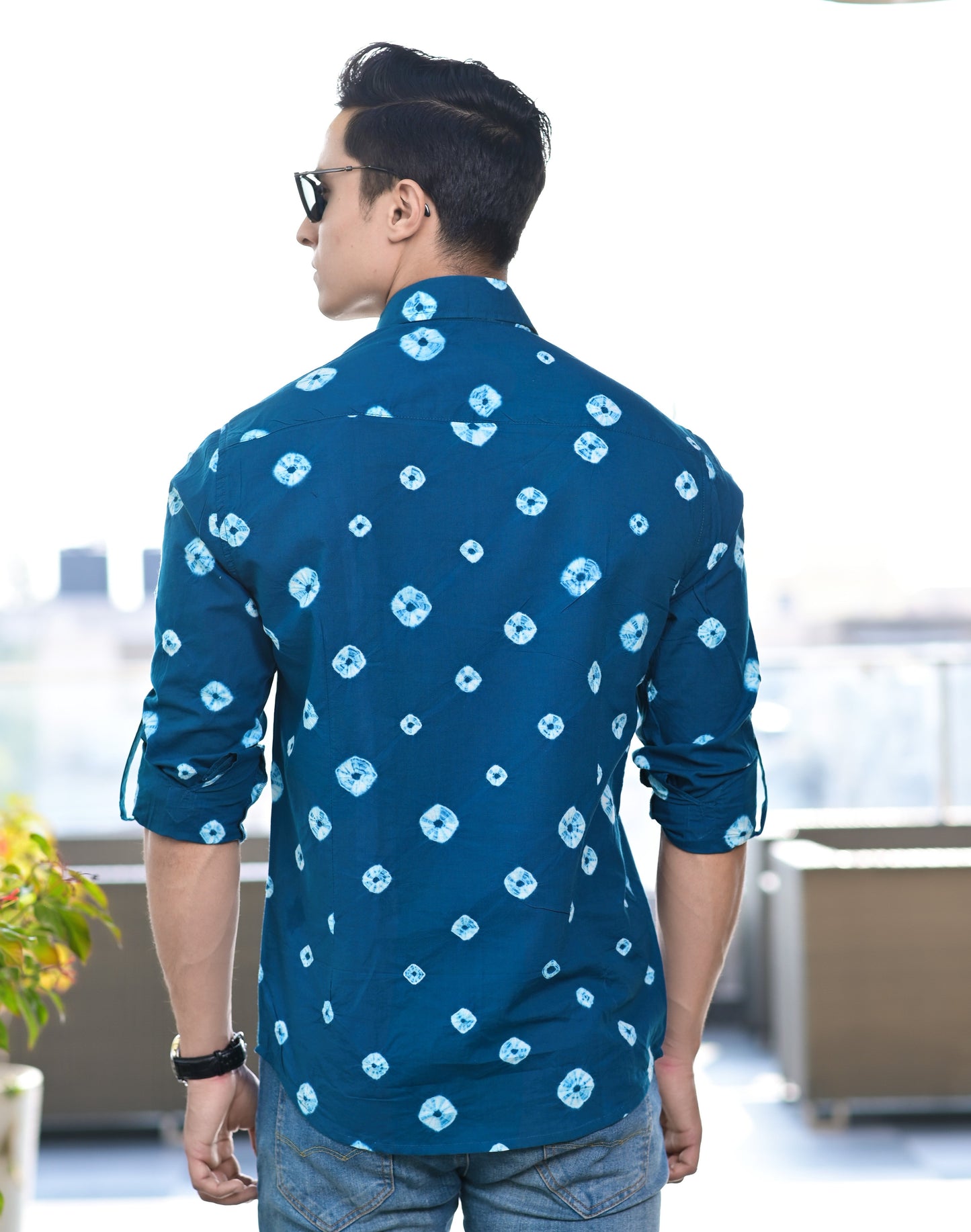 Men's Dark Blue Bandhani Cotton Shirt