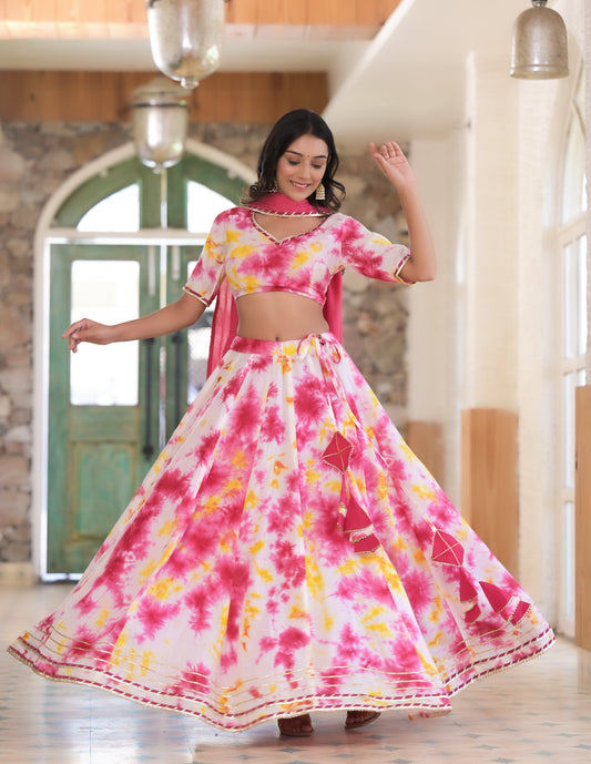 Women's Classic Tie Dye Hand Crafted Lehenga Choli Dupatta Set