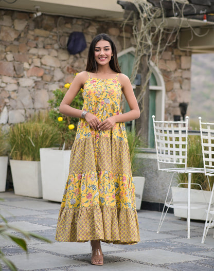 Women's Yellow Floral Printed Tiered Dress