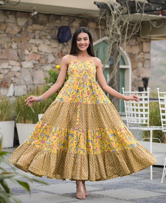 Women's Yellow Floral Printed Tiered Dress