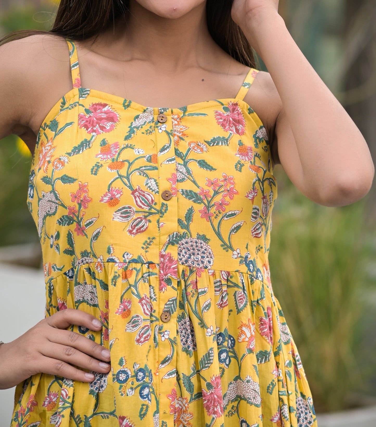 Women's Yellow Floral Printed Tiered Dress