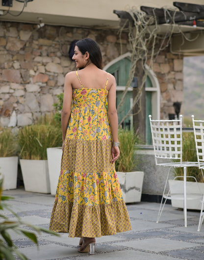 Women's Yellow Floral Printed Tiered Dress