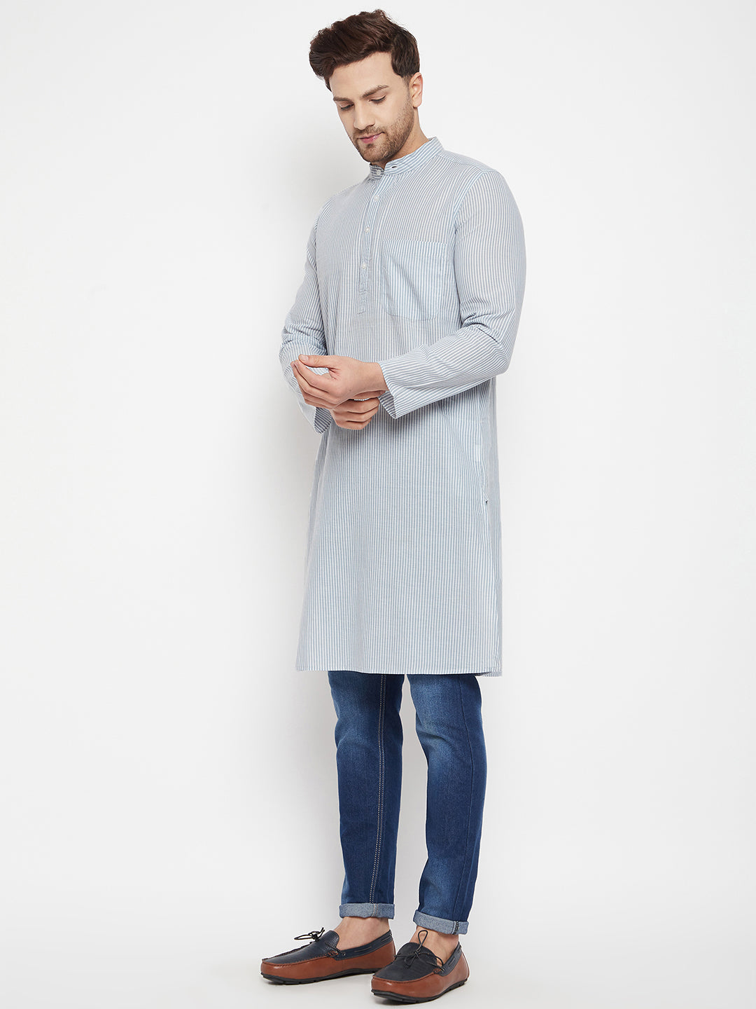 Men's Grey Color Long Kurta with Band Collar