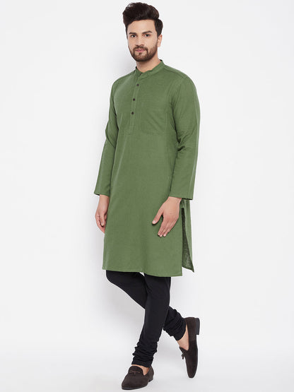 Men's Solid Linen Green Straight Kurta