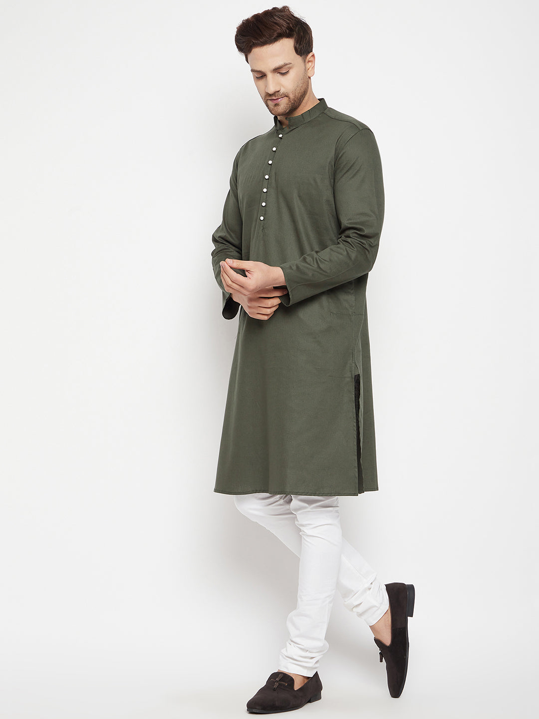 Men's Green Color Long Kurta with Band Collar