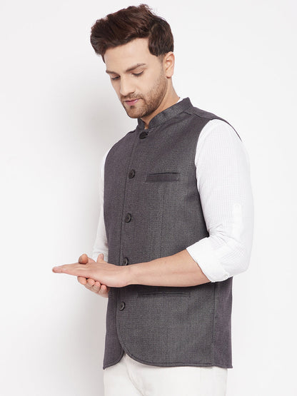 Men's Grey Color Woven Nehru Jacket