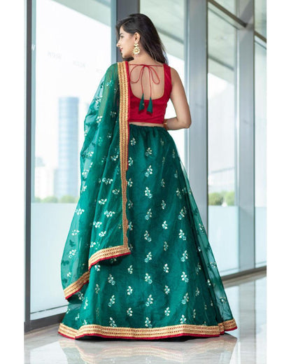 Women's Bottle Green And Red Lehenga Set (3pcs set) - Label Shaurya Sanadhya