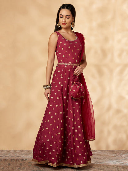 Women's Wine Printed Belt Anarkali Lehenga Set