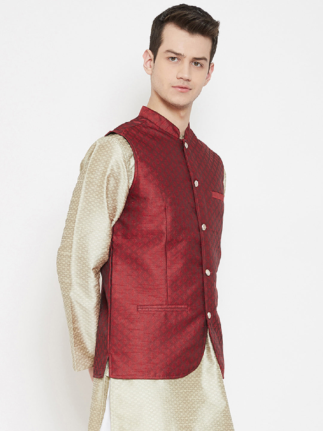 Men's Jacquard Red Silk Nehru Jacket