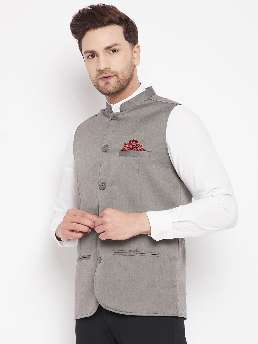 Men's Grey Color Nehru Jacket-Contrast Lining-Inbuilt Pocket Square