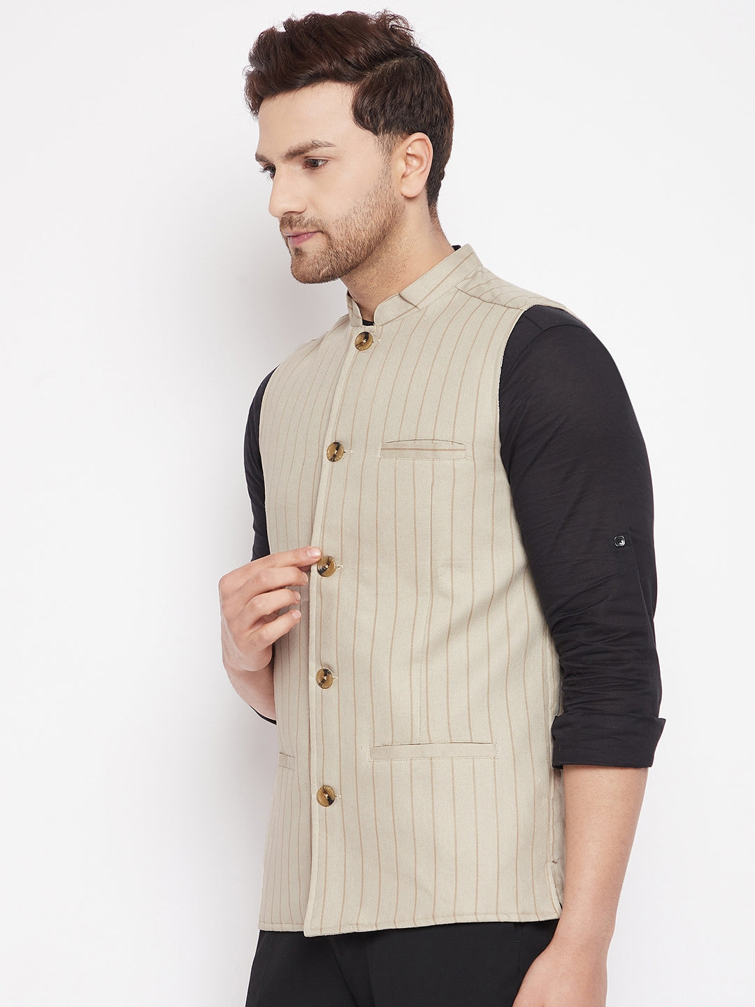 Men's Beige Color Woven Nehru Jacket