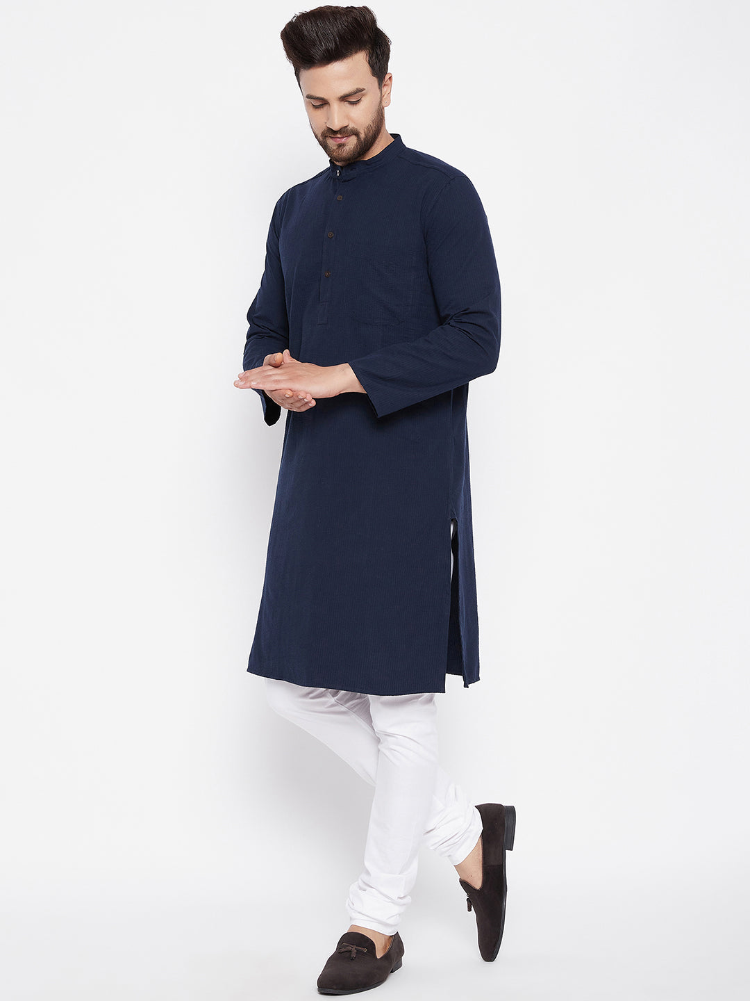 Men's Pure Cotton Self Striped Blue Kurta