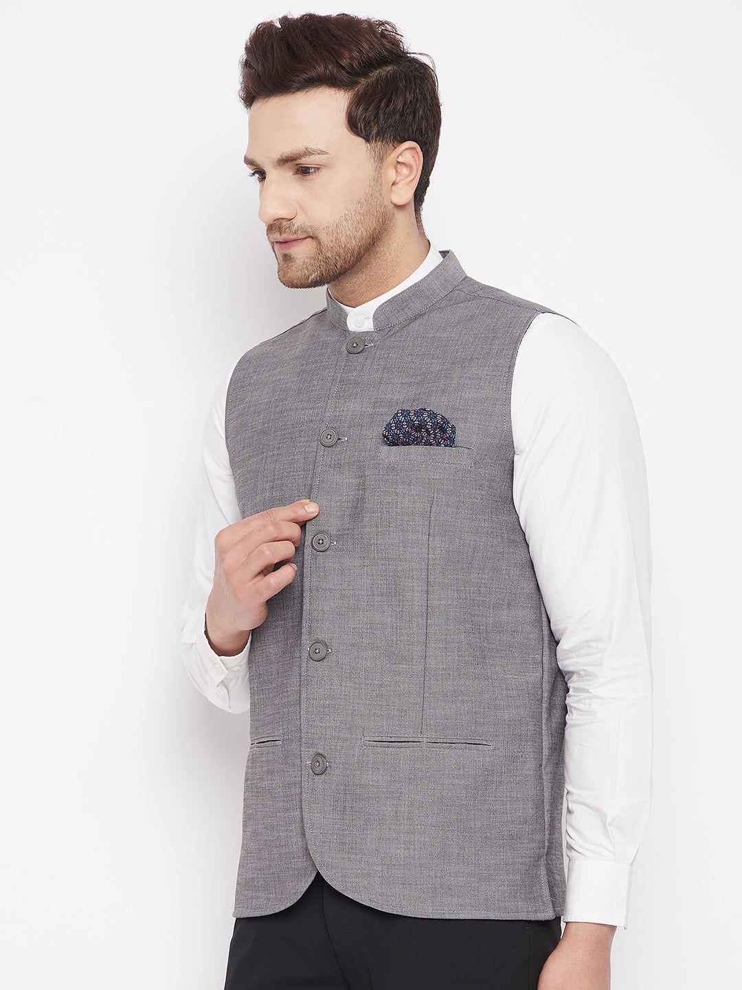 Men's Grey Color Woven Nehru Jacket