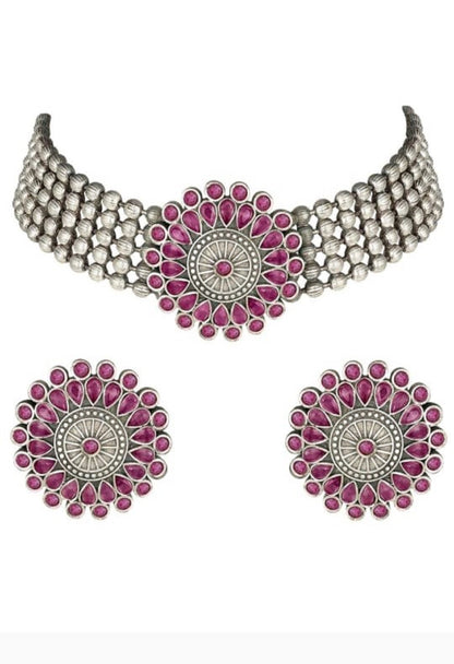 Women's Oxidised Silver-Plated Brass Finish Kundan Choker (Pink)