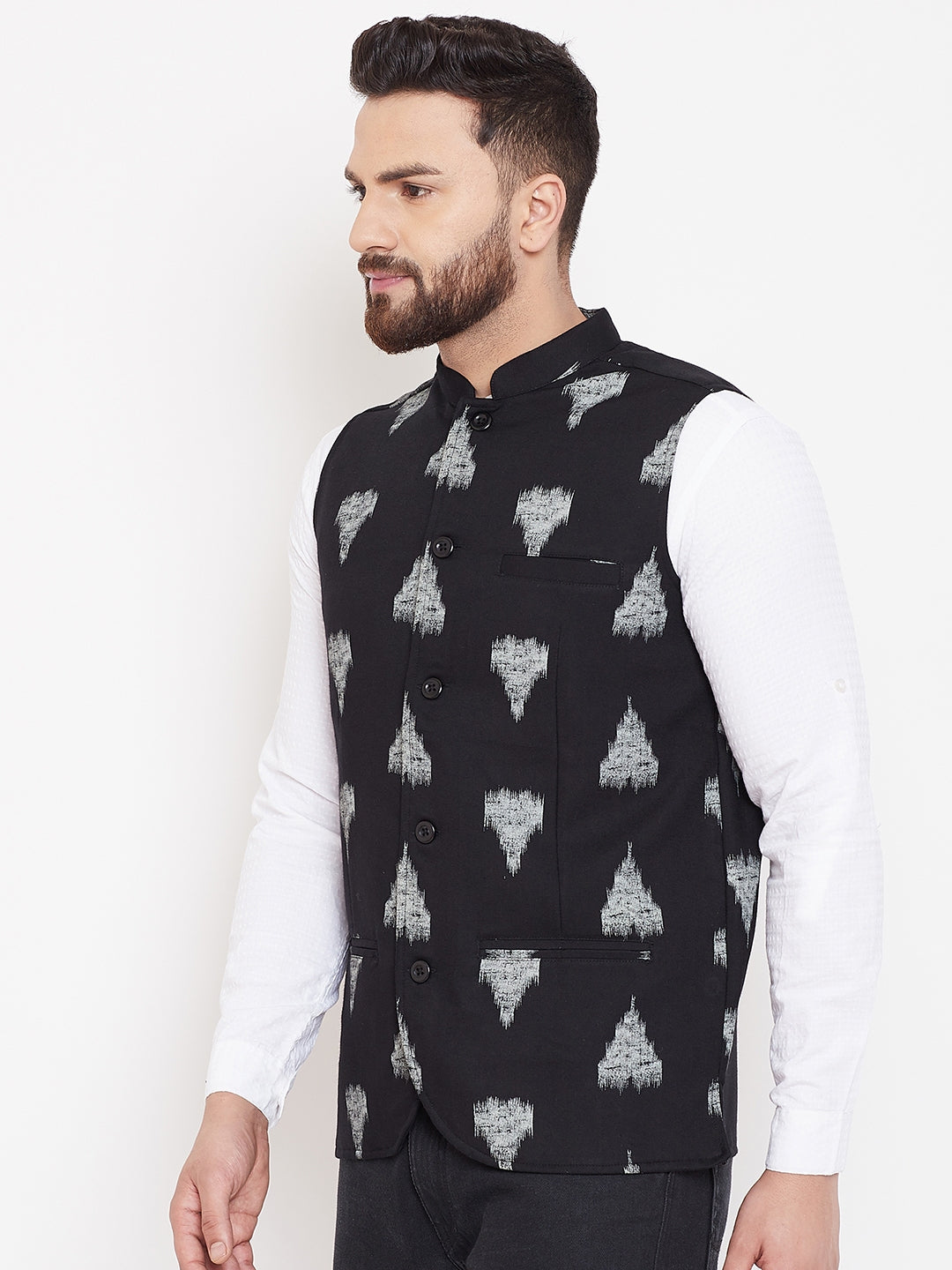 Men's Black Geometric Print Nehru Jacket