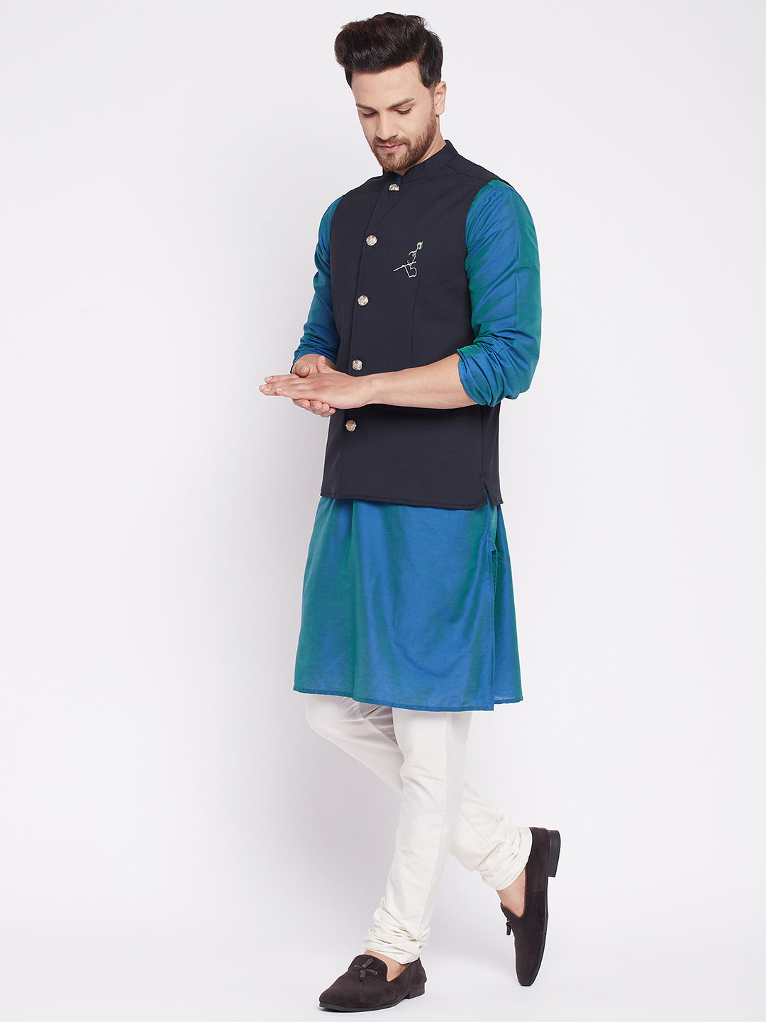 Men's Nehru Jacket With Embroided Insignia Of Lord Krishna -