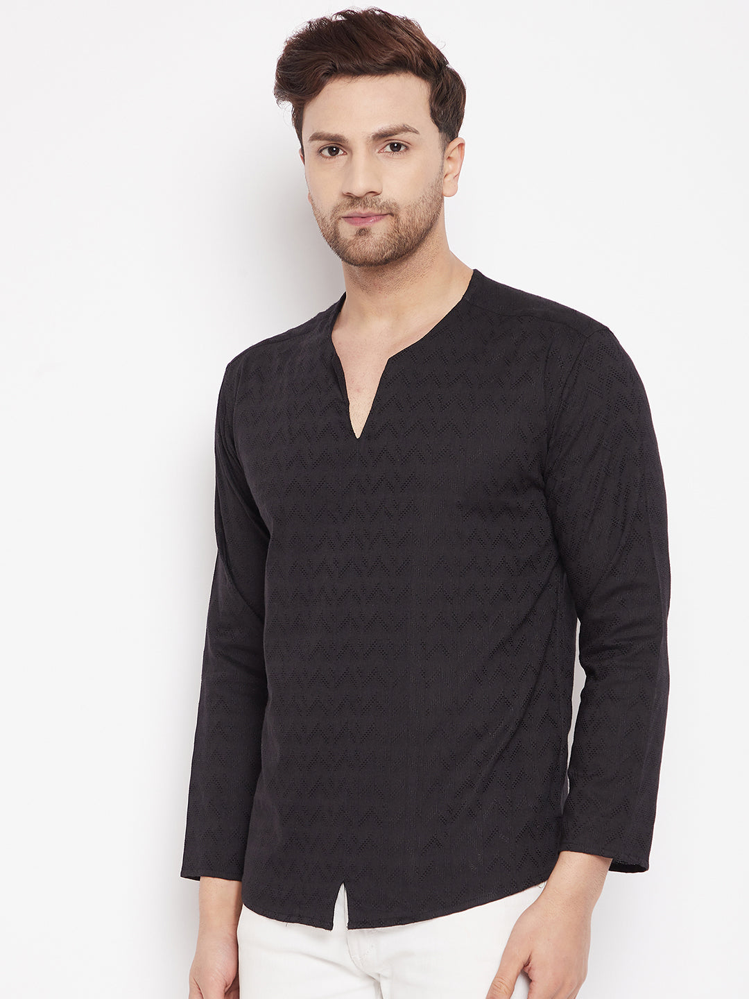 Men's Black Color Kurta with Slit Neckline