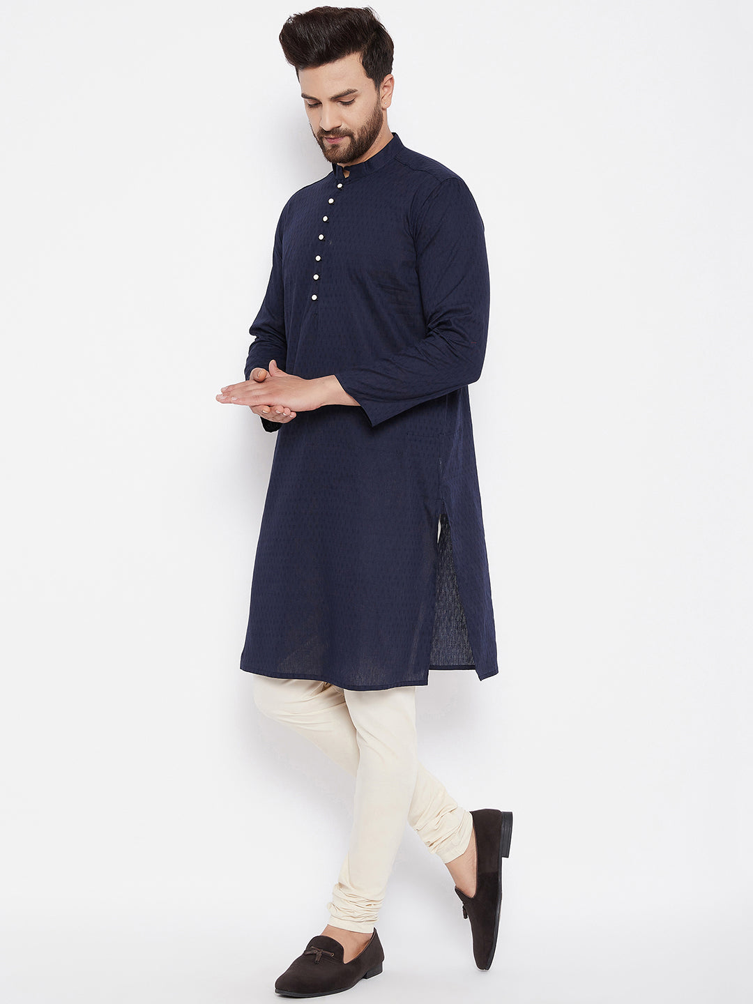 Men's Woven Design Navy Straight  Kurta