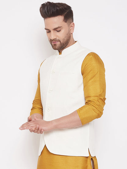 Men's White Cotton Linen Nehru Jacket