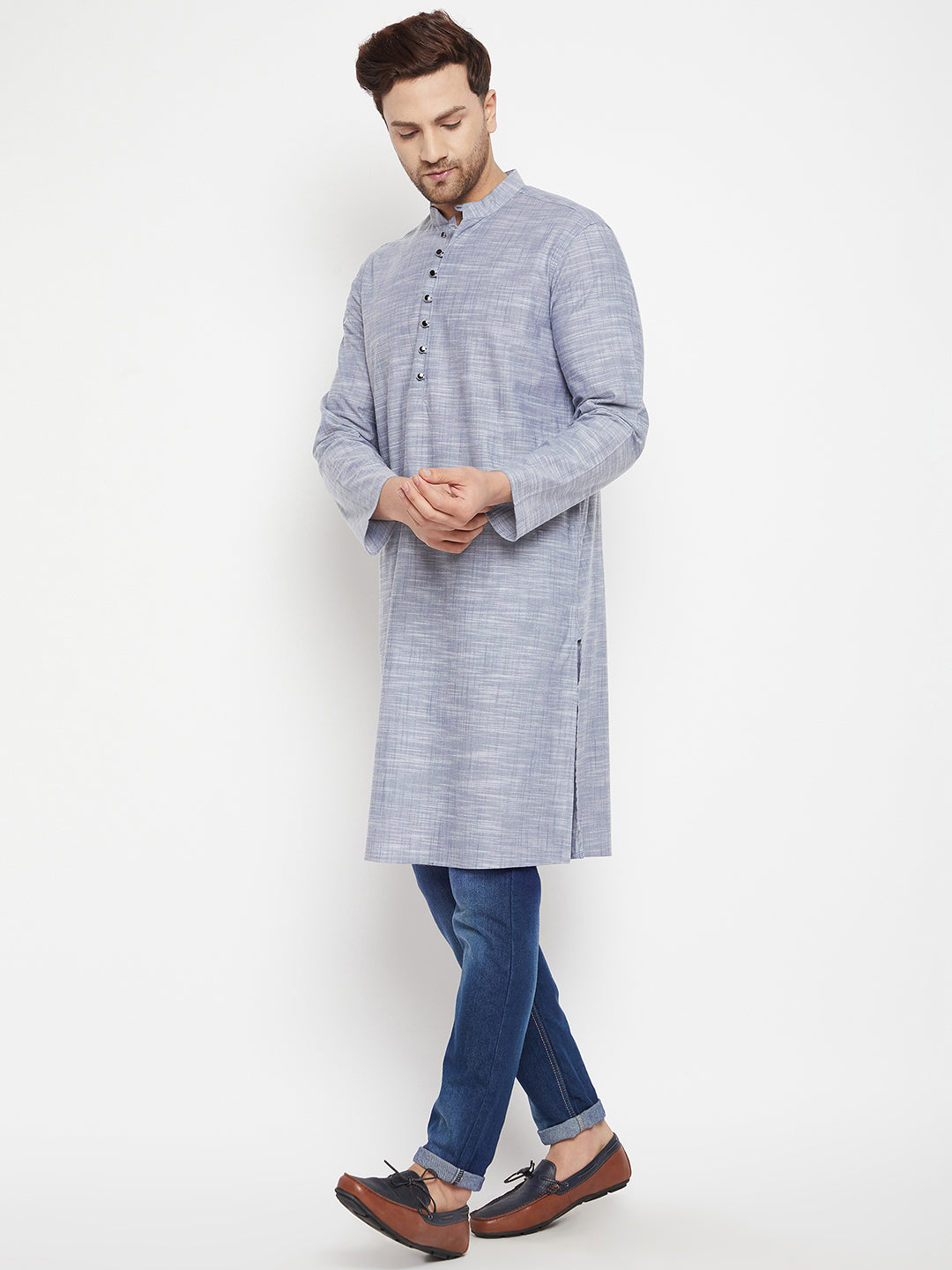 Men's Grey Color Long Kurta with Band Collar