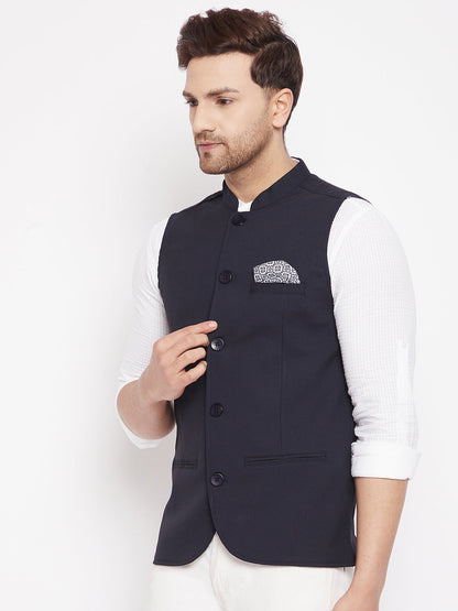 Men's Navy Color Nehru Jacket-Contrast Lining-Inbuilt Pocket Square