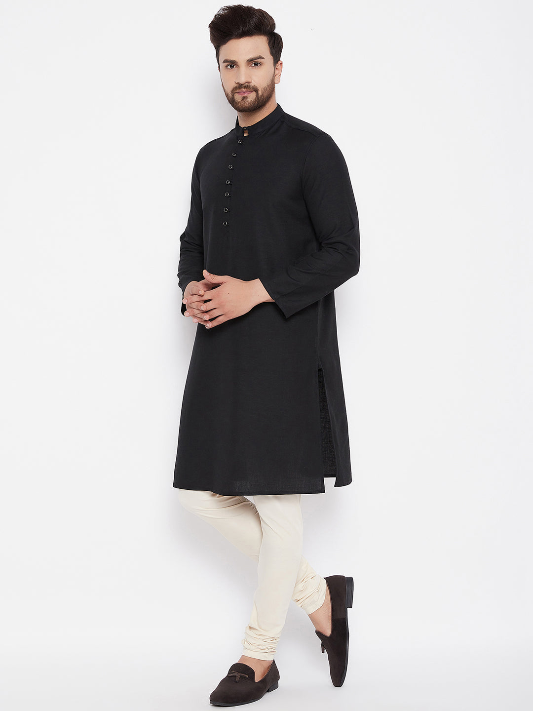 Men's Solid Black Linen Kurta