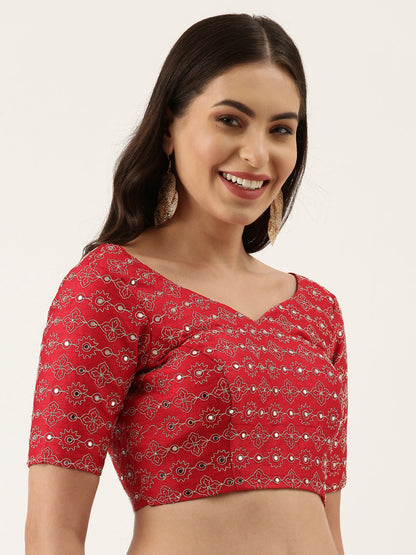 Women's Red Mirror Work Pure Silk Blouse