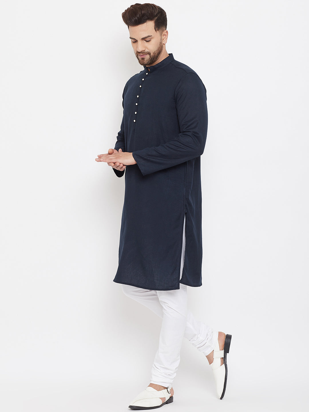 Men's Solid Navy Blue Placket Detail Cotton Kurta