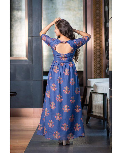 Women's Printed Long Dress Dark Blue (1pc) - Label Shaurya Sanadhya