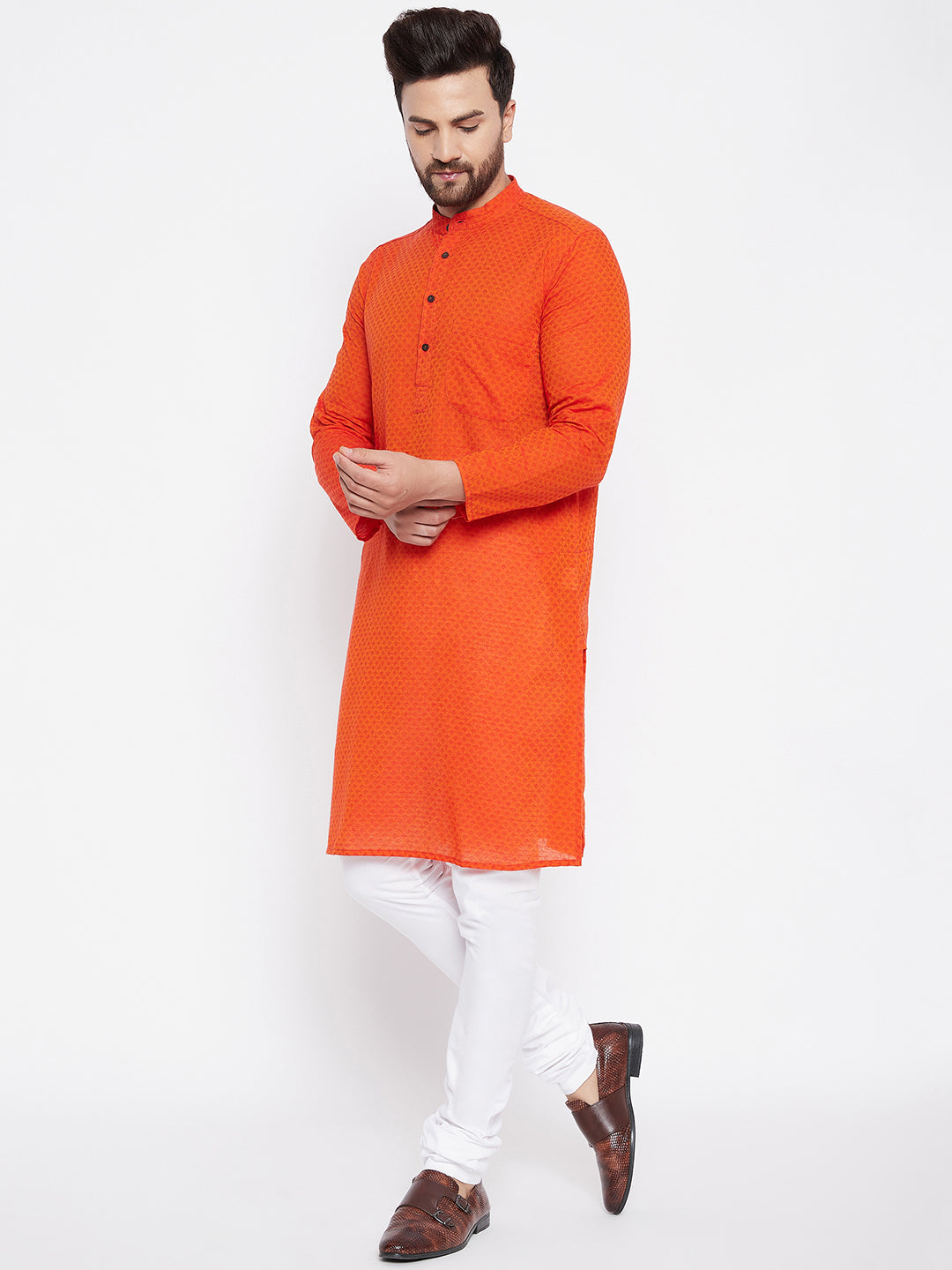 Men's Pure Cotton Orange Straight Kurta