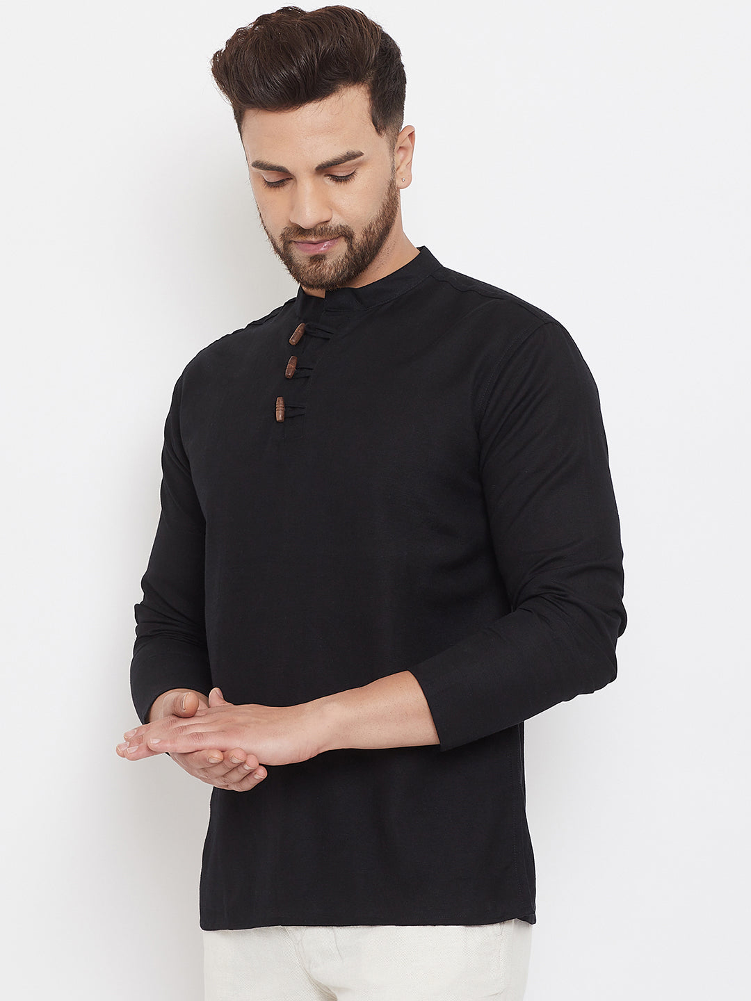 Men's Black Button Placket Shirt Kurta